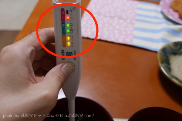 タニタの電子塩分計「しおみくん」でみそ汁の塩分を計ってみた。